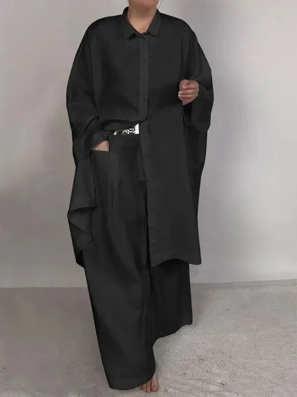 Casual Loose Solid Color Long Shirt & Wide-Leg Pants with Pockets –  Two-Piece Set for Relaxed Elegance