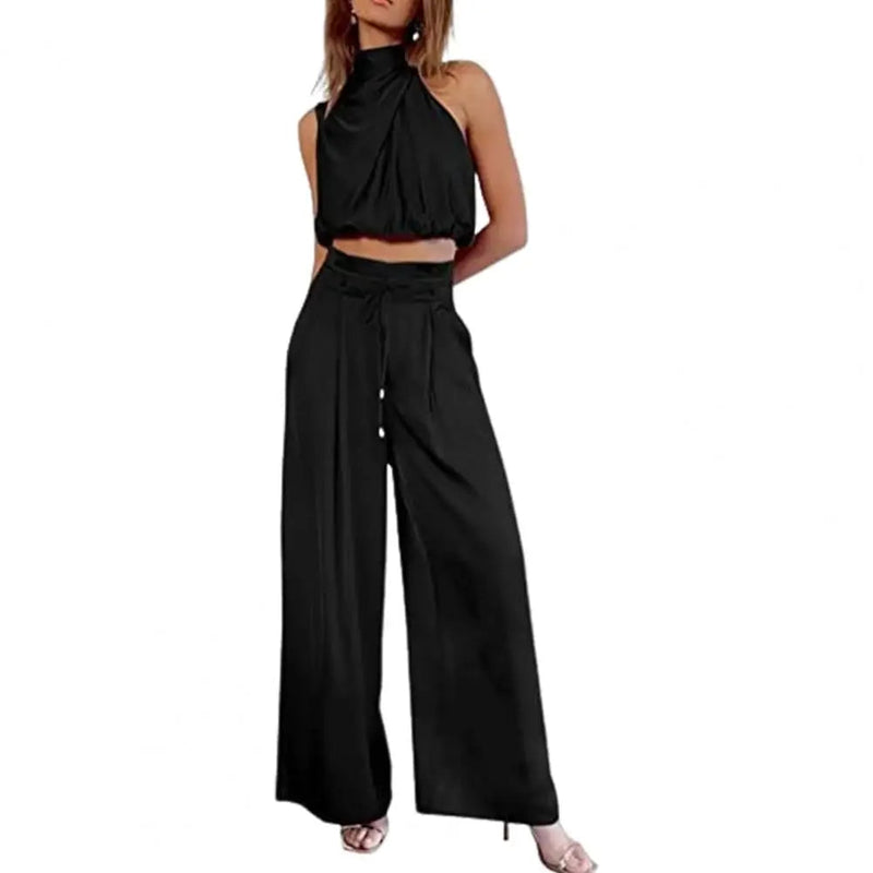 Silky Pleated Two-Piece Set – Sleeveless Top & Wide-Leg Pants for Effortless Elegance