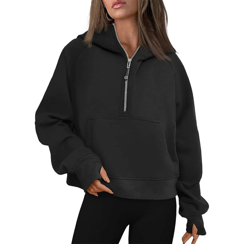 Half-Zip Fleece Hoodie Sweatshirt – Stylish Fall/Winter Pullover for Women’s Cozy Outfits and Streetwear Layers
