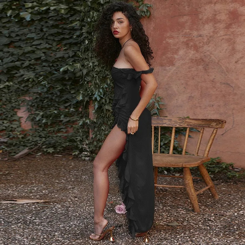Temperament Ruffle Maxi Dress – Sexy Slash Neck Split Gown for Club & Evening Glam