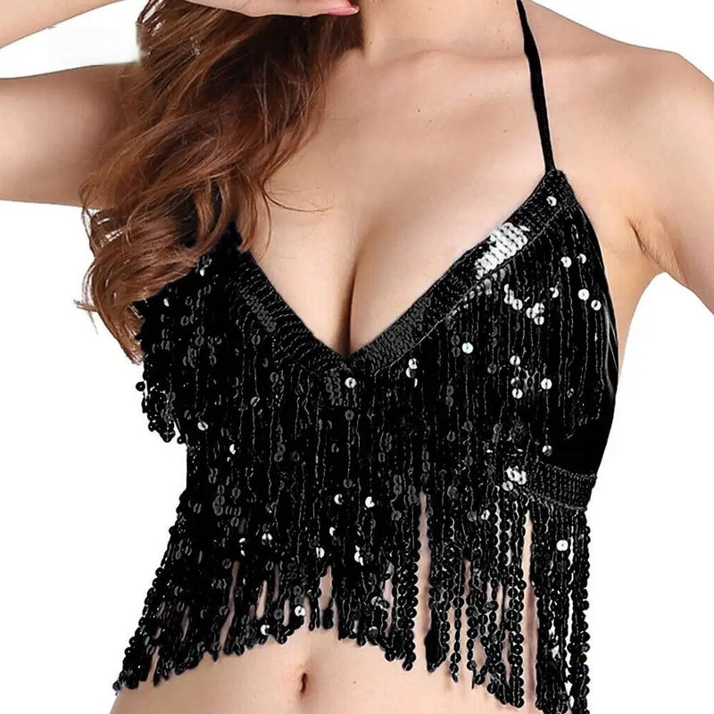 Belly Dance Sequin Fringe Halter Bra – Sparkle in Every Movement with This Show-Stopping Nightclub Performance Dancewear Top