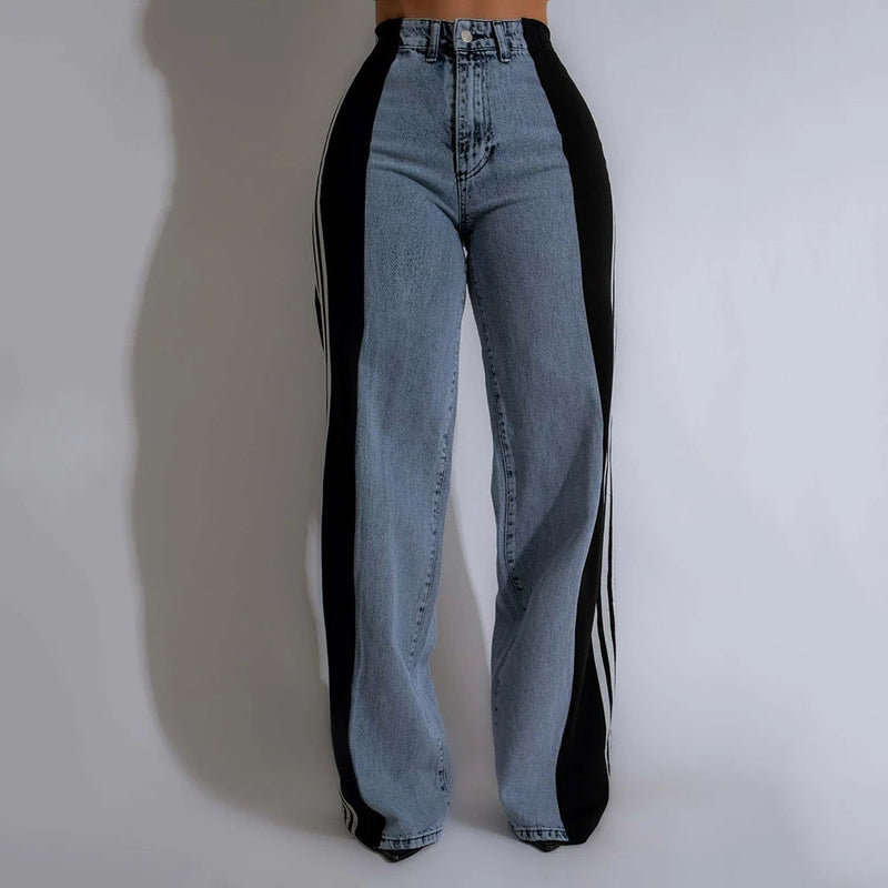 Streetwear Wide-Leg Denim Trousers – Summer High Waist Elastic Color Block Three-Stripe Straight Patchwork Pants