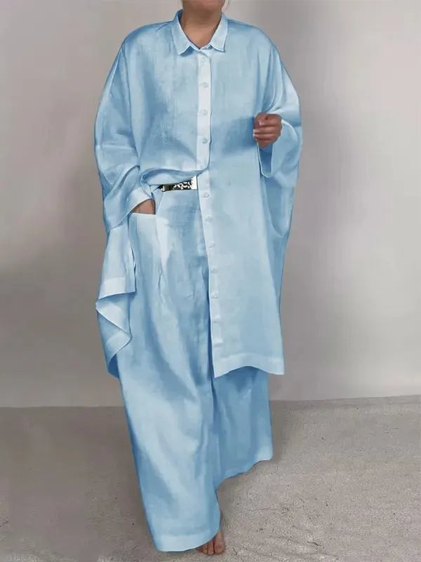 Casual Loose Solid Color Long Shirt & Wide-Leg Pants with Pockets –  Two-Piece Set for Relaxed Elegance