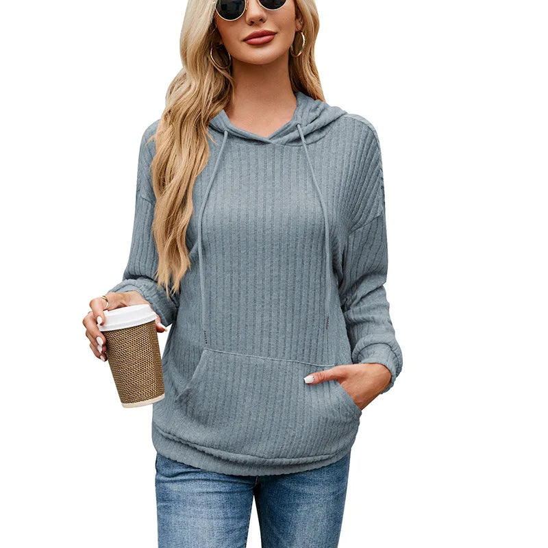 Hooded Groove Stripe Knitted Sweater – Cozy Women's Pullover with Kangaroo Pocket for Casual Winter Chic