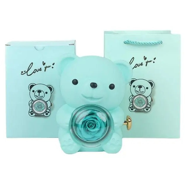 Eternal Rose Teddy Bear Necklace –  Personalized Engraved Name with Rotating Rose Jewelry Box for Her