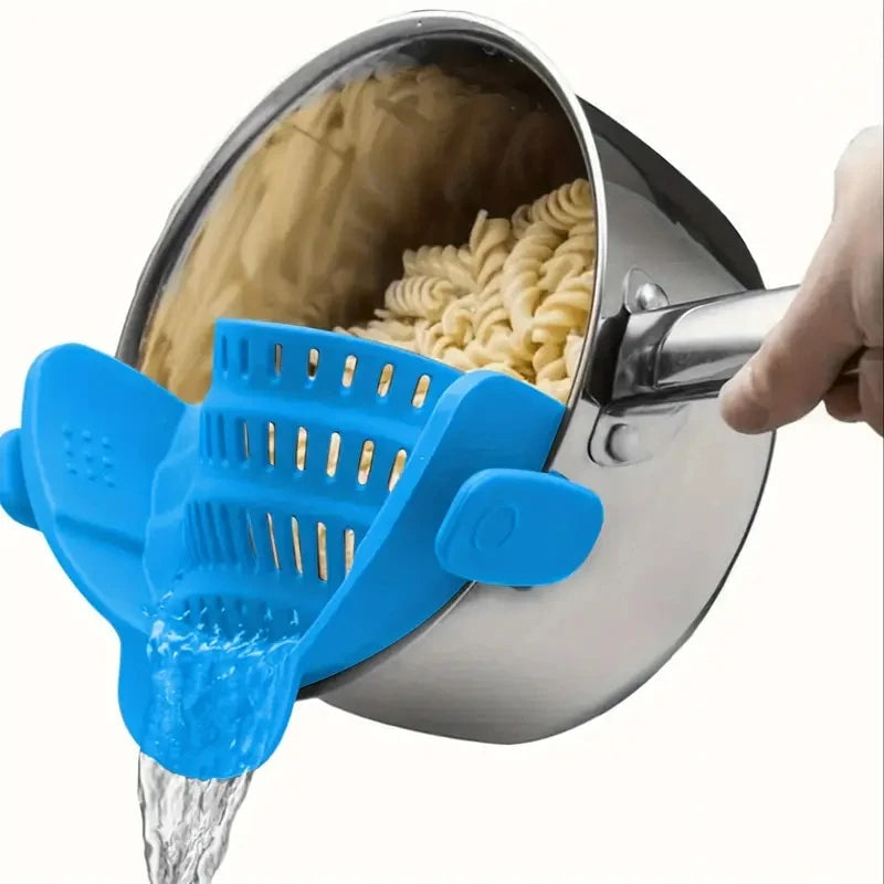 Smart Clip-On Silicone Pot Strainer – Adjustable Kitchen Drainer for Pasta, Veggies, Bowls & Pans Without Spills