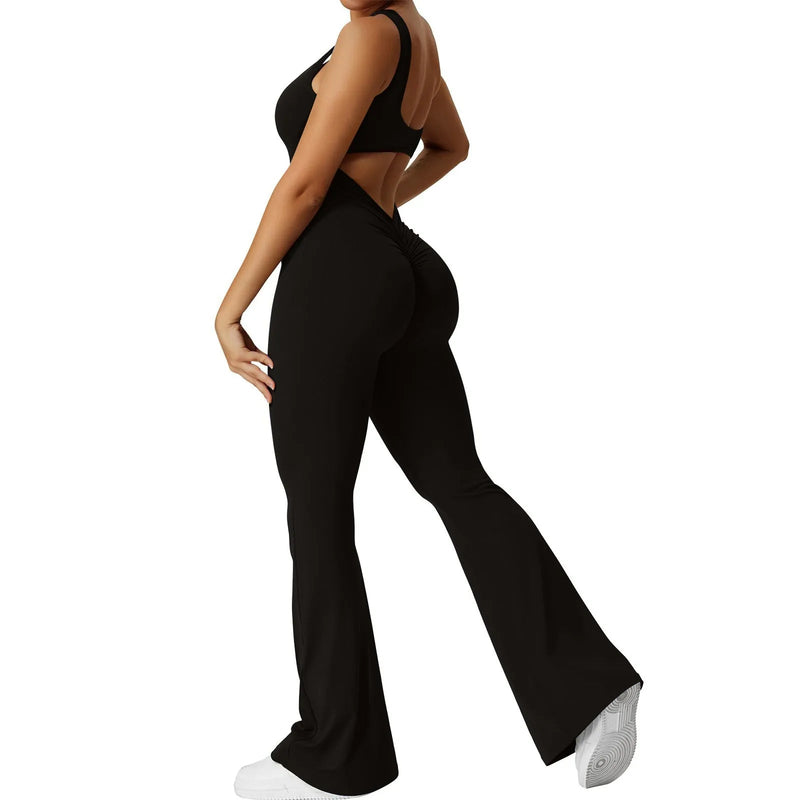 Sleek Backless Bootcut Flare Jumpsuit – Tight-Fit Elastic Sleeveless One-Piece for Daily Wear, Yoga & Sporty Elegance