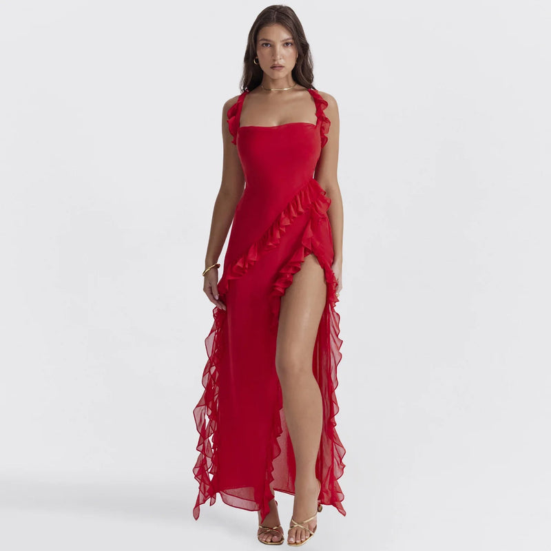 Temperament Ruffle Maxi Dress – Sexy Slash Neck Split Gown for Club & Evening Glam