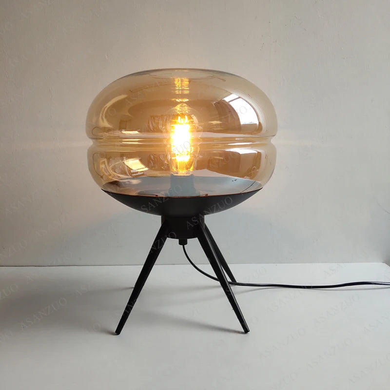 Blue Glass Table Lamp - Artistic E27 Desk Light with Hardware Shelf, Modern Bedroom or Living Room Creative Decor Accent