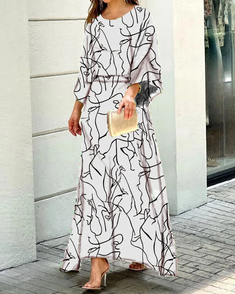 Floral Vacation Dress Set – 2-Piece Maxi Skirt & Blouse with Big Swing Hem for Summer Holiday Style