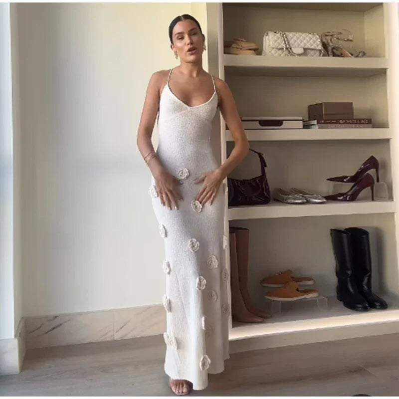 Slim Fit Knitted Long Dress – V-Neck Sleeveless Sling Maxi with 3D Flower for Sexy & Chic Street Fashion