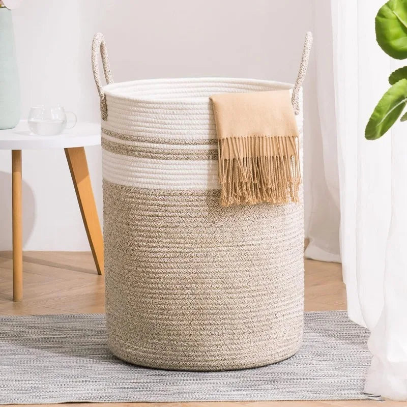 Woven Tall Rope Laundry Hamper – Large 15x20 Inch Dirty Clothes Basket with Handles for Stylish Home or Toy Storage Solution