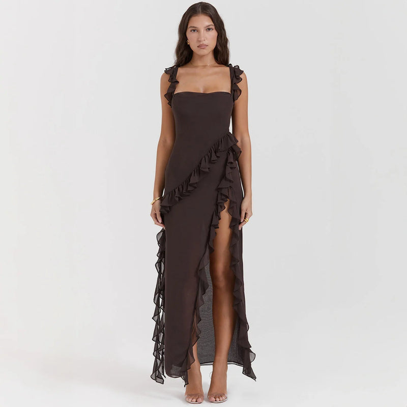 Temperament Ruffle Maxi Dress – Sexy Slash Neck Split Gown for Club & Evening Glam