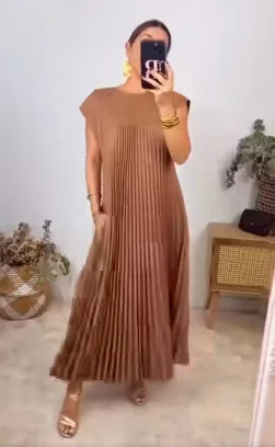 Summer Short Sleeve Pleated Maxi Dress – Loose Pleated Solid Color Long Dress with High Waist & Round Neck