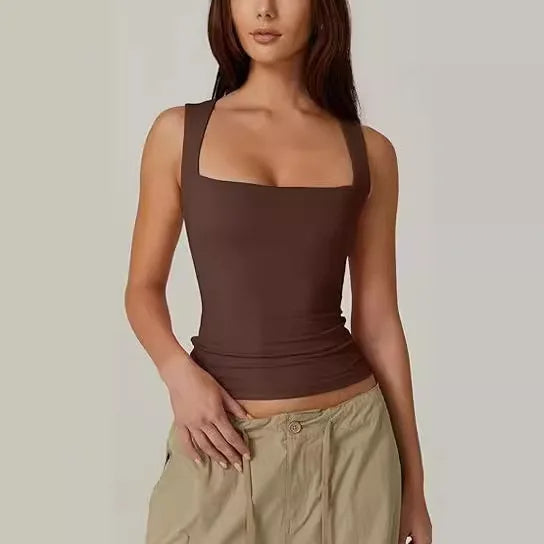 Square Neck Sleeveless Tank Top – Summer Double Layer Basic Tee for Beach Days & Stylish Seaside Escapes