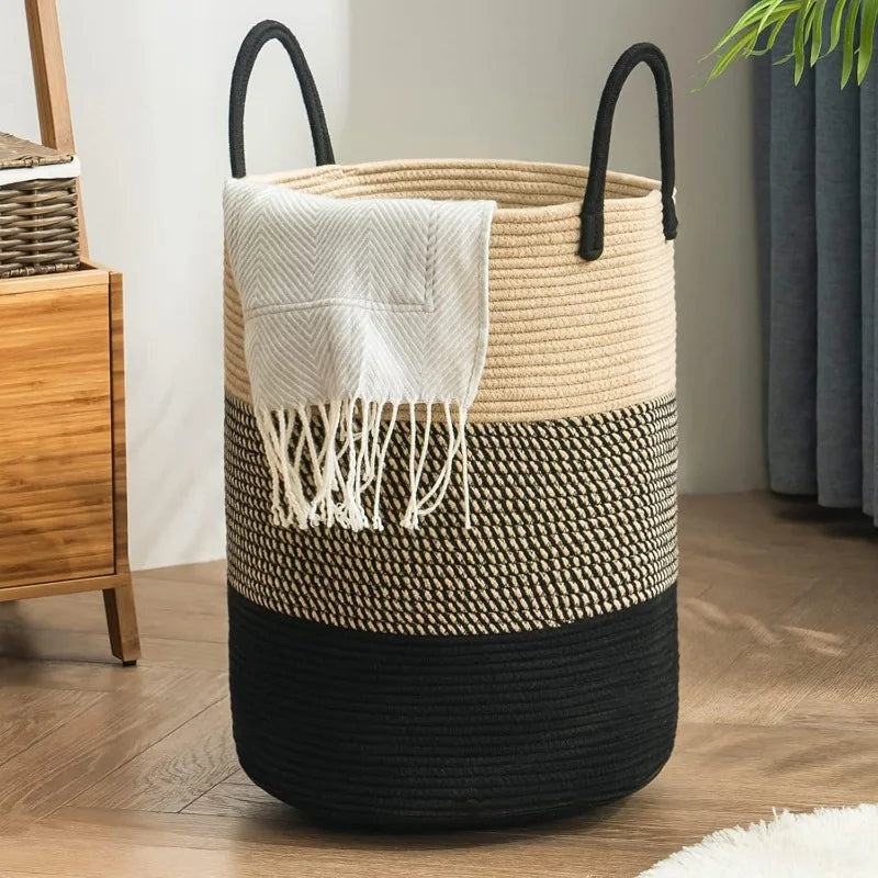 Woven Tall Rope Laundry Hamper – Large 15x20 Inch Dirty Clothes Basket with Handles for Stylish Home or Toy Storage Solution