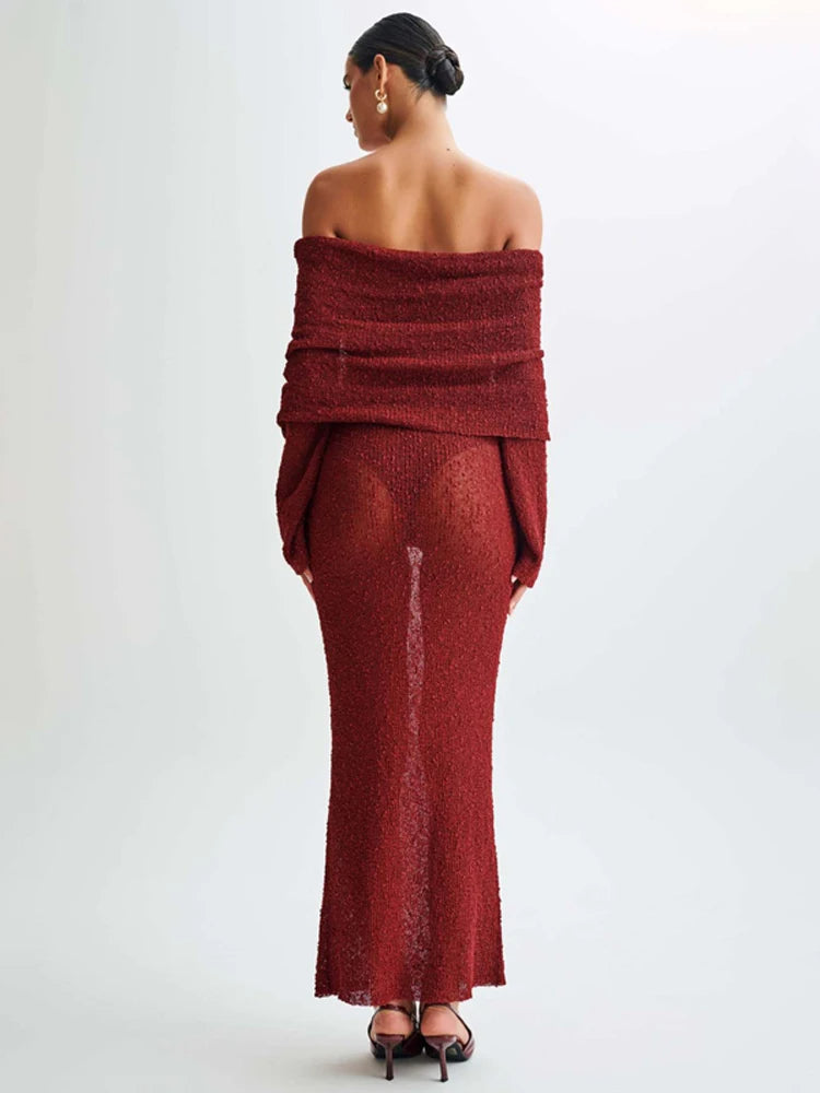 Off-Shoulder Knit Maxi Long Dress – Hollow-Out See-Through Cover-Up for Beach, Holiday, & Party Glam