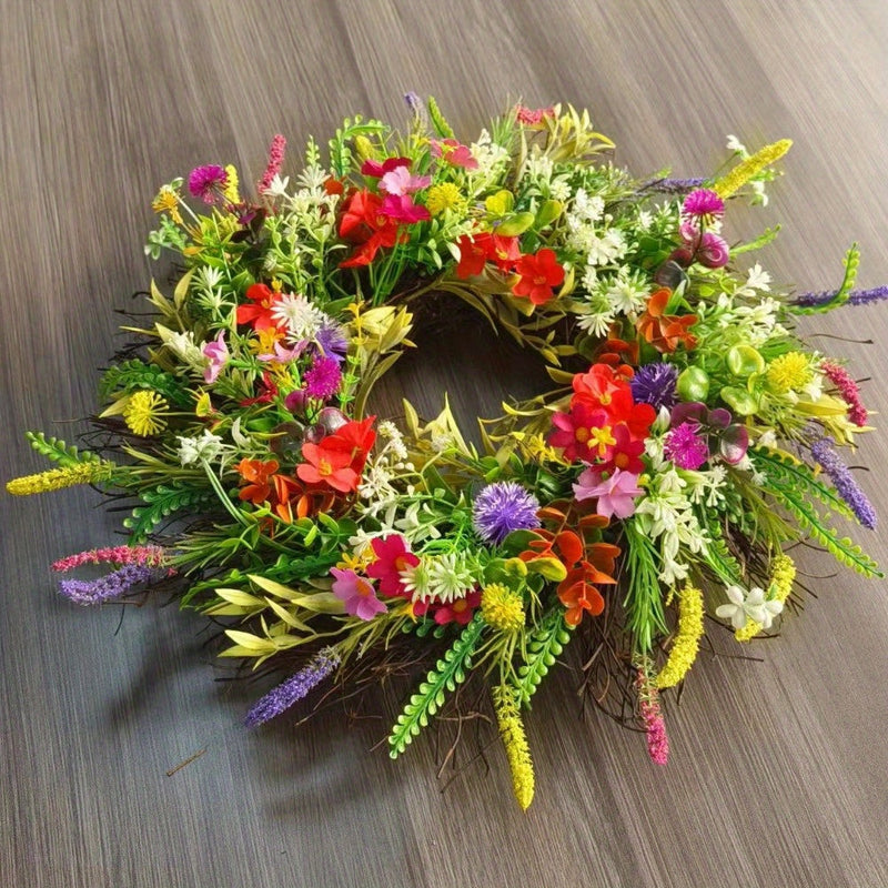 Spring & Summer Wildflower Wreath – Artificial Ranunculus Flower Front Door Decoration with Eternal Blooms and Fresh Green Botanical Accents