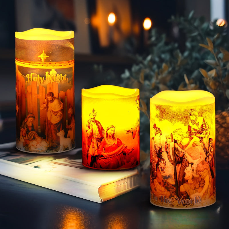 Flameless LED Christmas Candles – 3pcs Battery-Powered Holy Night Lights Candle with Timer Featuring Nativity Scene for Warm Holiday Home Ambience