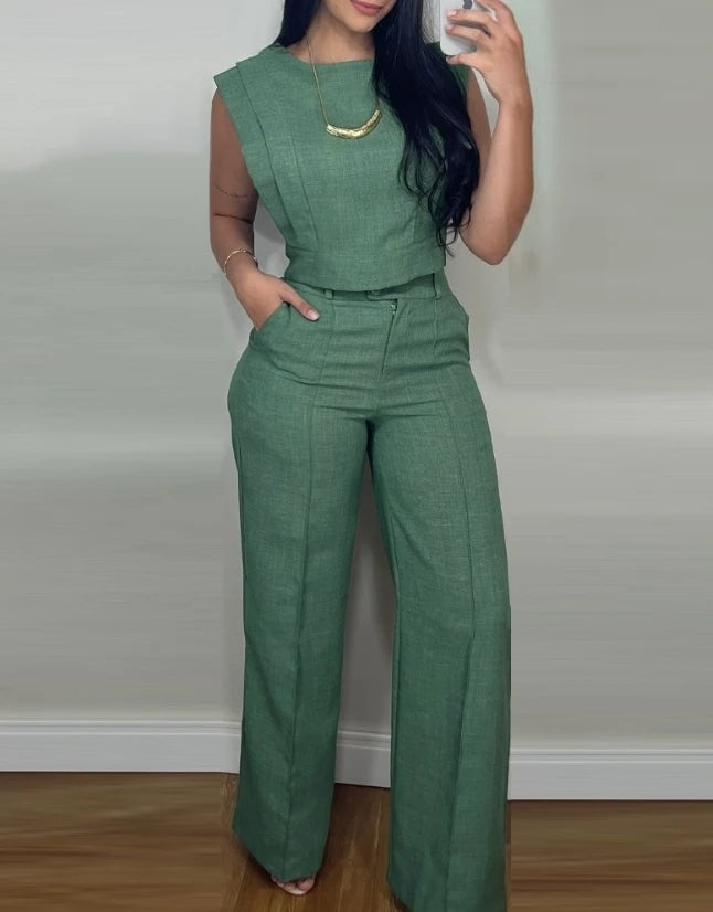 Chic Two-Piece Summer Round Neck Vest Top Tracksuit – Cap Sleeve Crop Top & High-Waist Pocket Pants Lounge Set