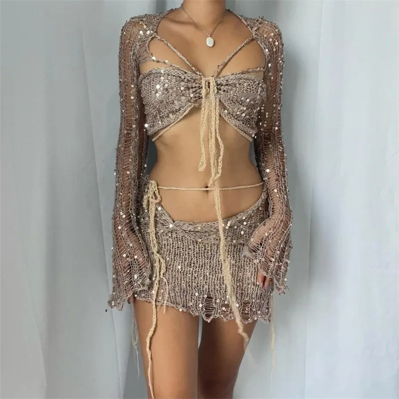 Women Knitted Sequin Crop Top & Midi Skirt Set – Summer Beach Matching 2 Piece Outfit for Bold Women’s Style