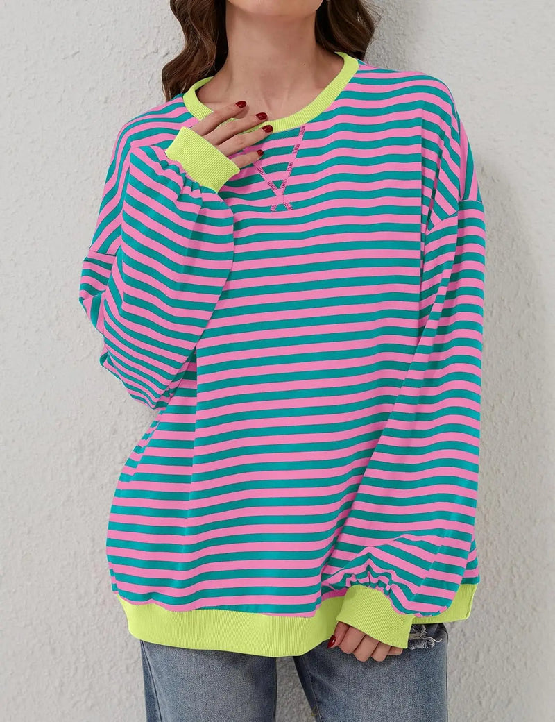 Oversized Striped Pullover Round Neck Sweatshirt – Casual Long Sleeve Crew Neck for a Laid-Back Yet Fashionable Look