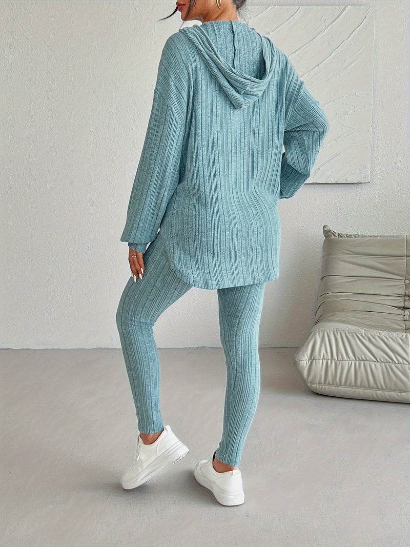 Women's Casual Ribbed Two-Piece Lounge Set – Hooded Long Sleeve Top & Fitted Pants for Relaxed Daily Wear or Travel Outfits