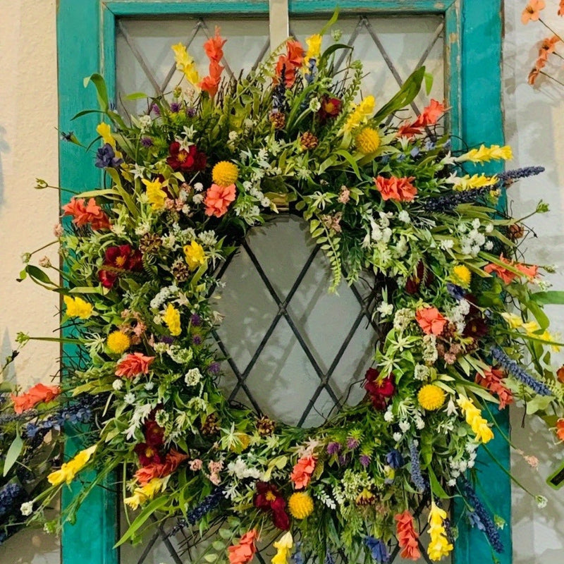 Spring & Summer Wildflower Wreath – Artificial Ranunculus Flower Front Door Decoration with Eternal Blooms and Fresh Green Botanical Accents
