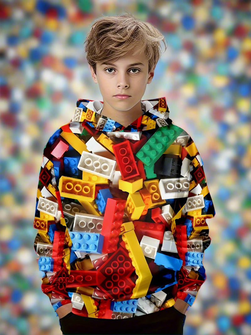 Building Block Print Hoodie for Boys – 3D Stylish Fall/Winter Pullover with Long Sleeves & Hood for Casual Everyday Adventures