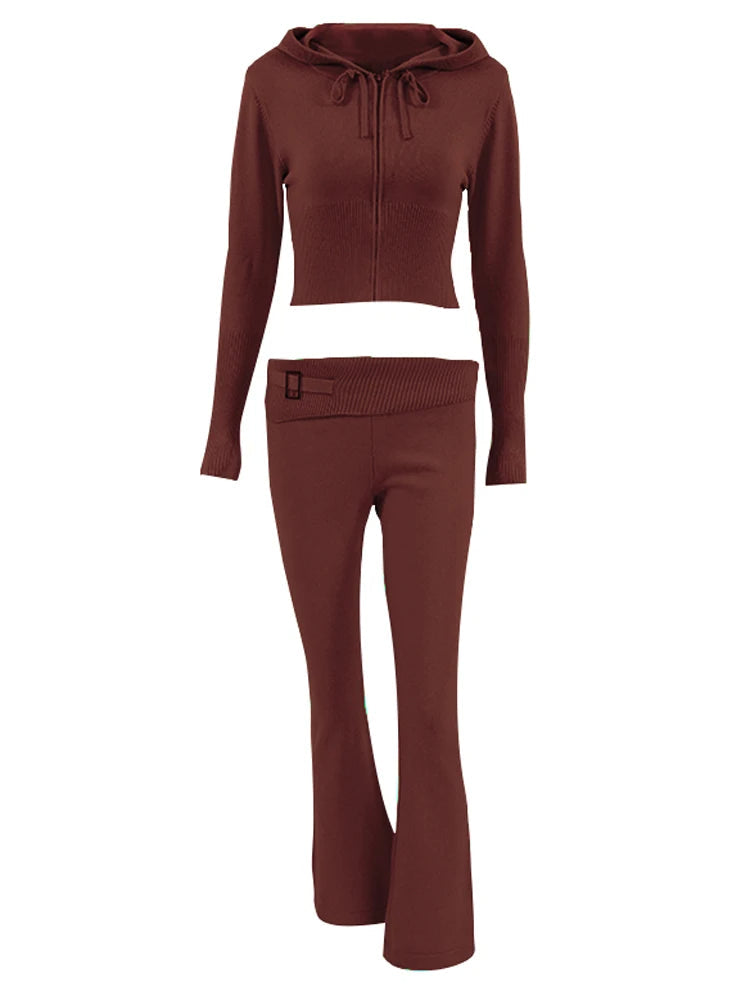 Trendy Knit Tracksuit – Cropped Hoodie & Trousers Set for Chic Comfort & Style