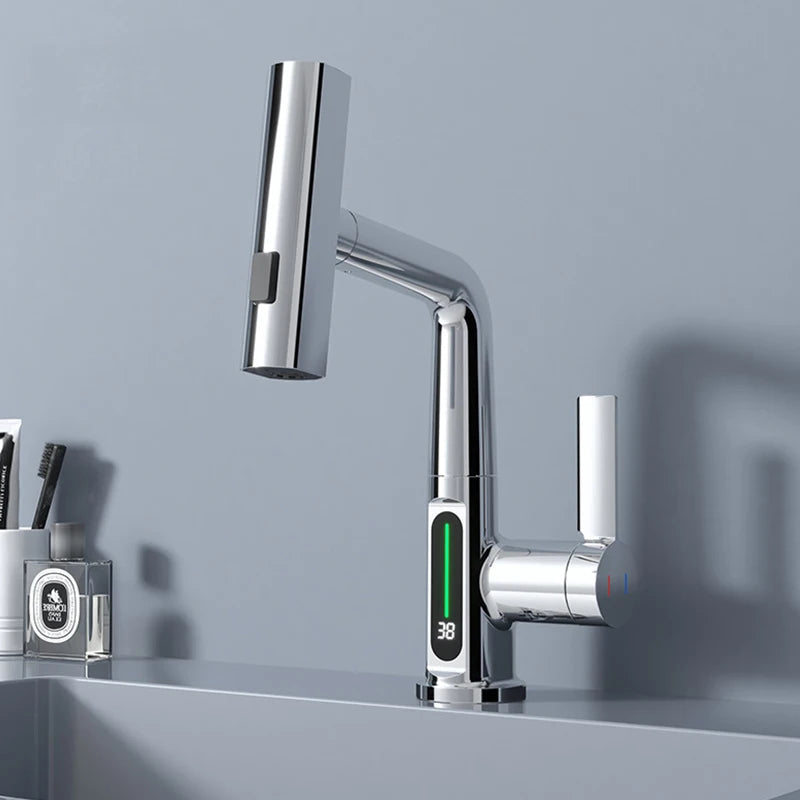 Intelligent Display Rotatable Brass Kitchen Faucet – Digital Display & 3 Spray Modes for Modern Smart Sink Convenience