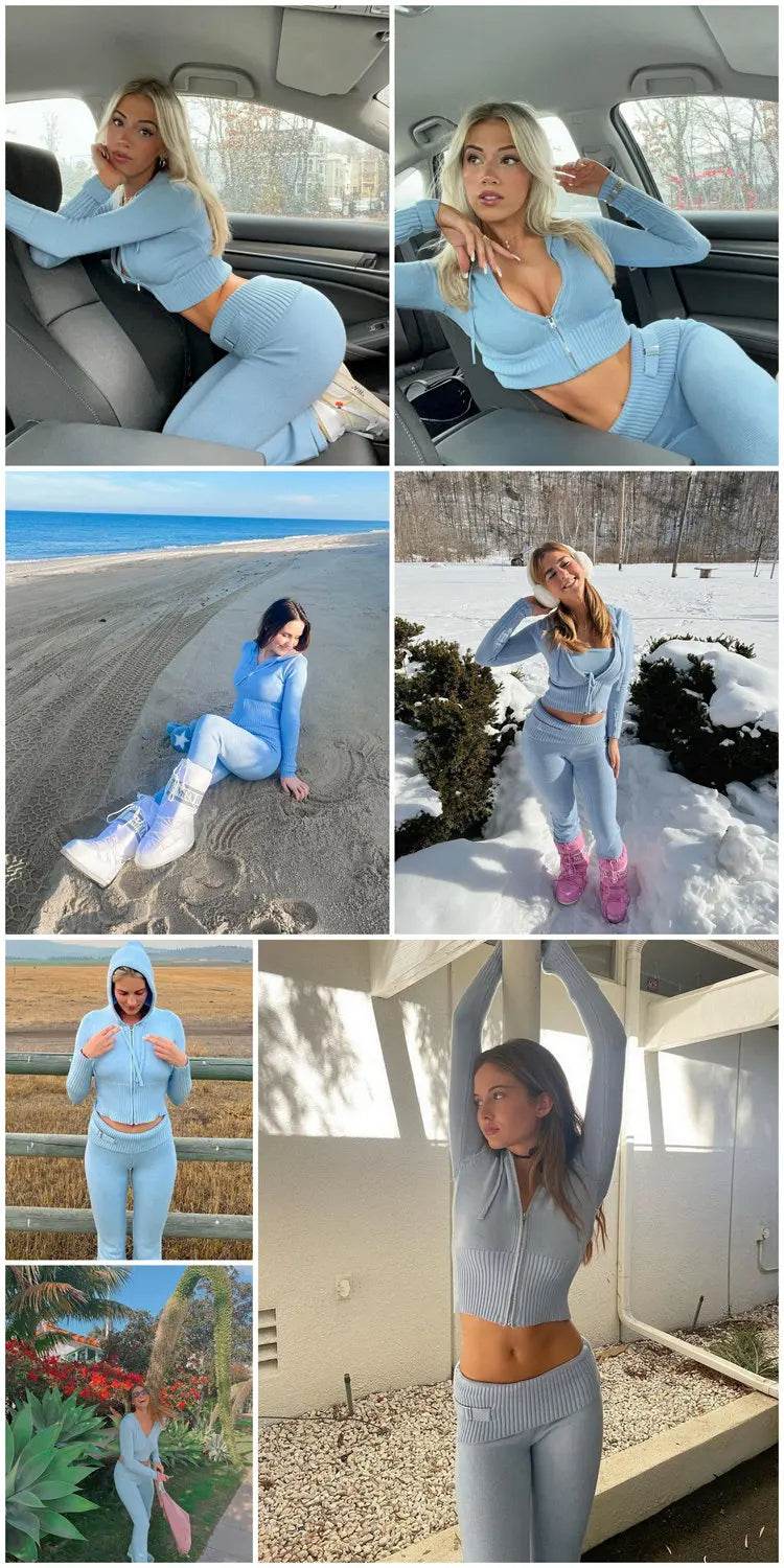 Trendy Knit Tracksuit – Cropped Hoodie & Trousers Set for Chic Comfort & Style