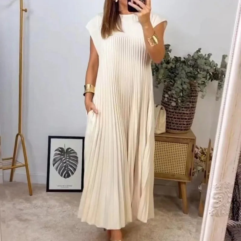 Summer Short Sleeve Pleated Maxi Dress – Loose Pleated Solid Color Long Dress with High Waist & Round Neck
