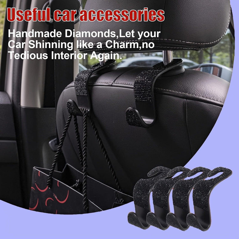 4pcs Crystal Bling Rhinestone Car Back Seat Headrest Hooks Car Purse Bag Holder, Bling Car Interior Accessories For Women And Men