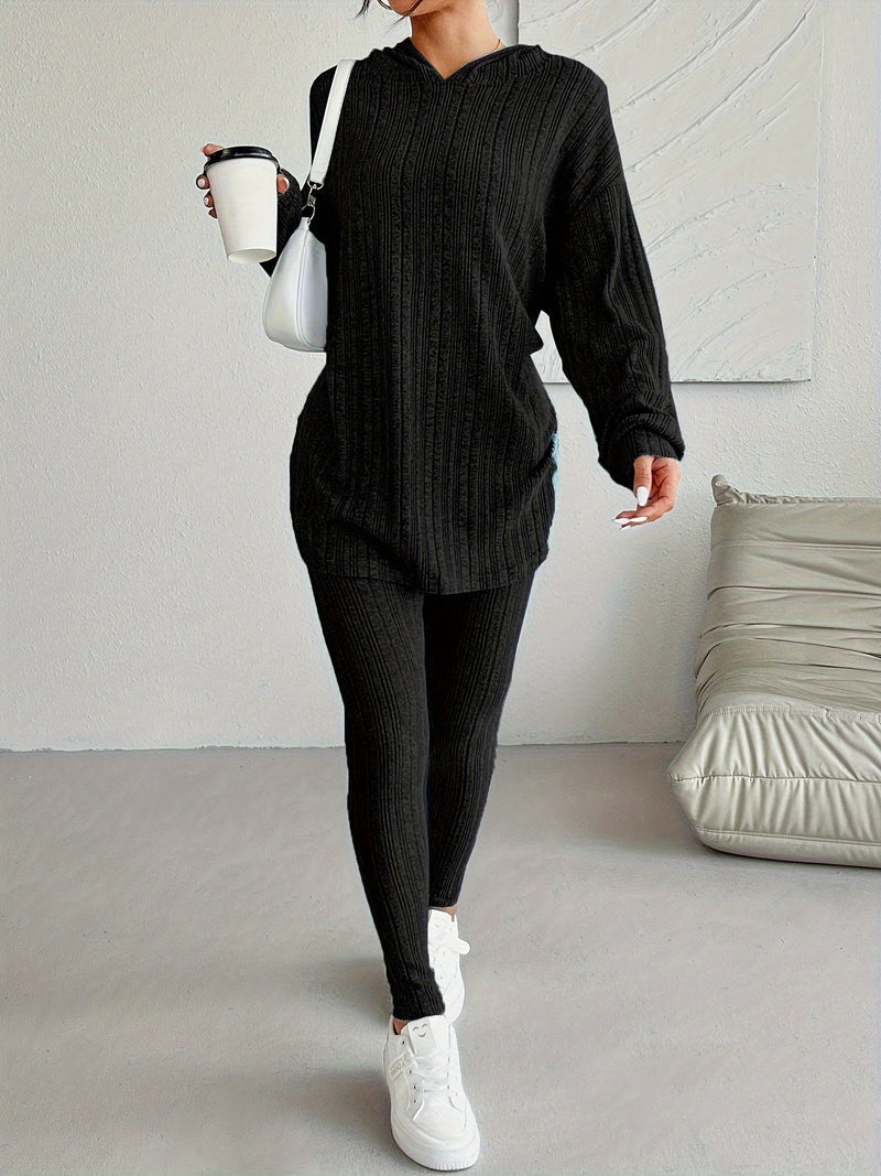 Women's Casual Ribbed Two-Piece Lounge Set – Hooded Long Sleeve Top & Fitted Pants for Relaxed Daily Wear or Travel Outfits