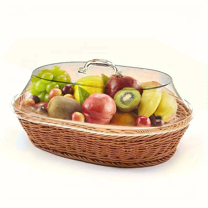 Classic Wicker Bread Basket with Clear Lid – Washable Display Tray for Kitchen Counters, Picnics, Buffets & Artisan Food Presentation