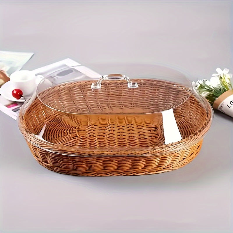 Classic Wicker Bread Basket with Clear Lid – Washable Display Tray for Kitchen Counters, Picnics, Buffets & Artisan Food Presentation