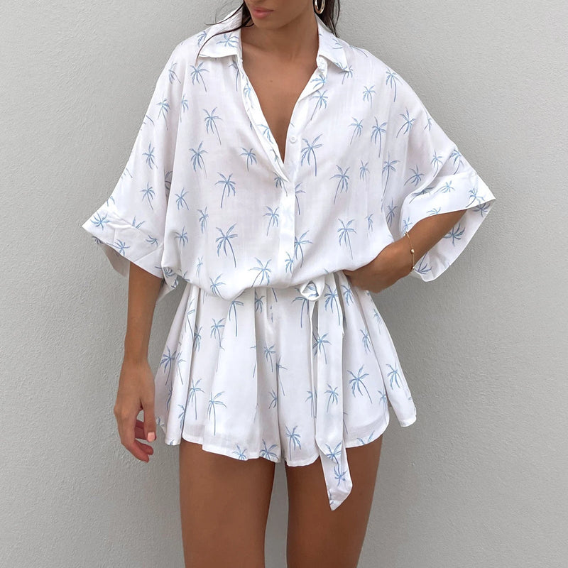 Boho Floral Romper Shorts – Oversized Button-Down Jumpsuit for Effortless Vacation Vibes