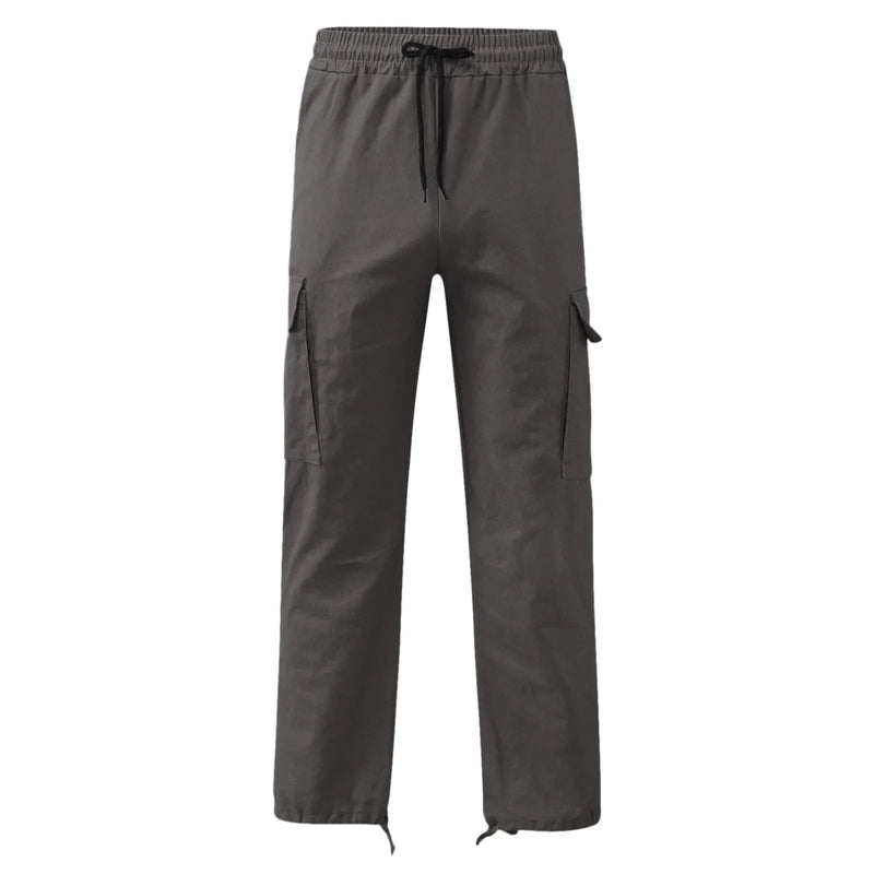 Men's Multi-pocket Cargo Pants – Solid Full-Length Trousers with Drawstring Pockets for Everyday Comfort