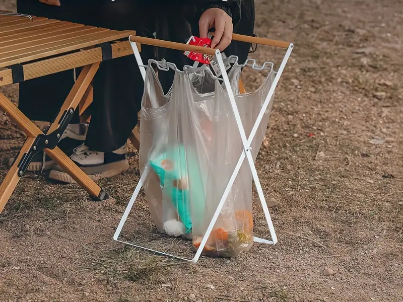 Portable Wooden Handle Bracket- Foldable Trash Rack Camping Garbage Shelf for Storing Kitchen Debris, Bags & Outdoor Waste