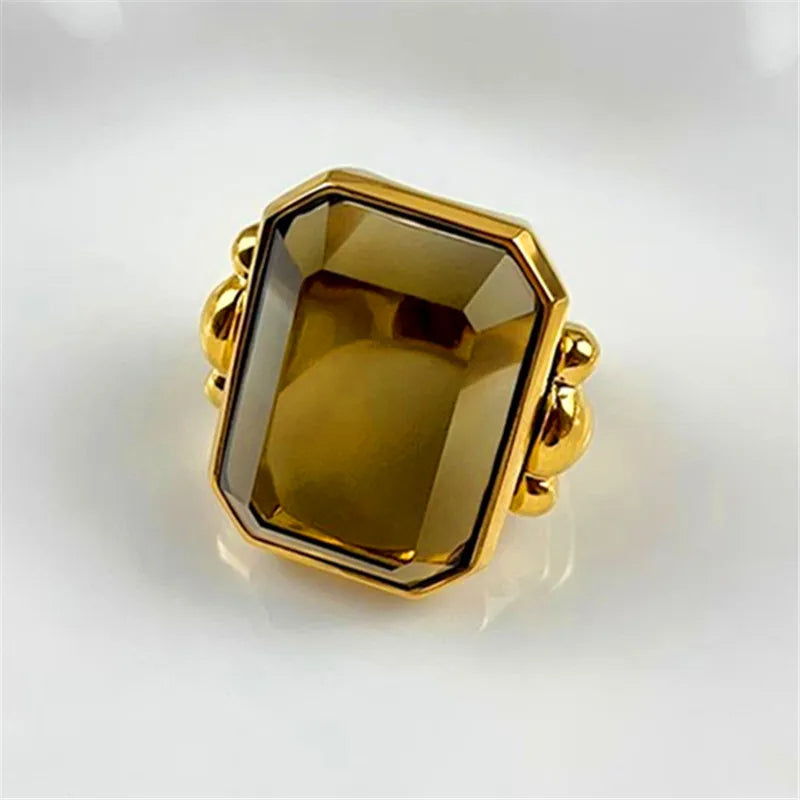 Fashion Square Natural Stone Crystal Ring - 2024 Gold-Plated Brass Jewelry for Women, Light Luxury European and American Style