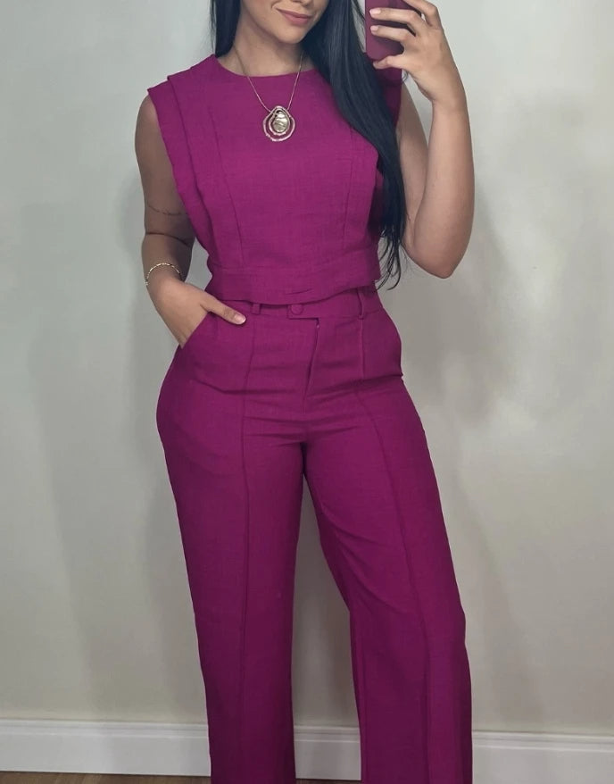 Chic Two-Piece Summer Round Neck Vest Top Tracksuit – Cap Sleeve Crop Top & High-Waist Pocket Pants Lounge Set