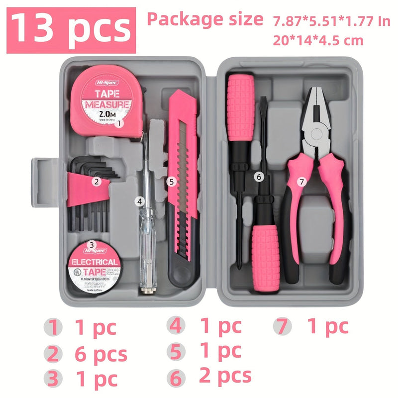 39/13pcs Household DIY Tool Kit for Women - Compact Mini Tool Box Set for Home, Office, and Vehicle Repairs