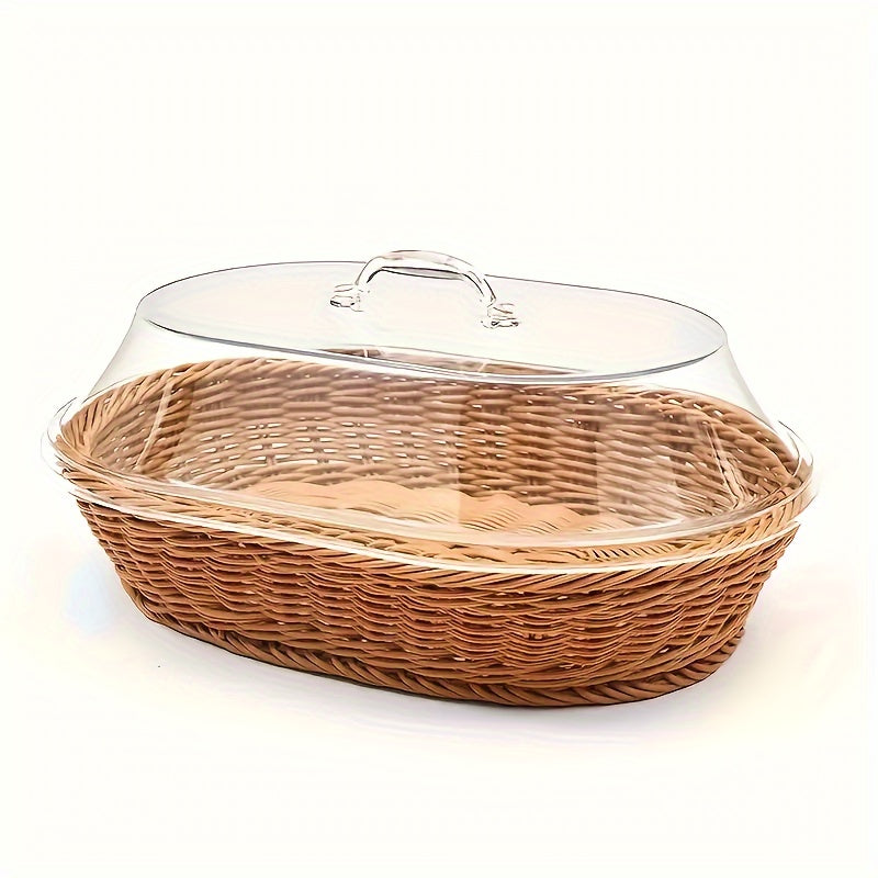 Classic Wicker Bread Basket with Clear Lid – Washable Display Tray for Kitchen Counters, Picnics, Buffets & Artisan Food Presentation