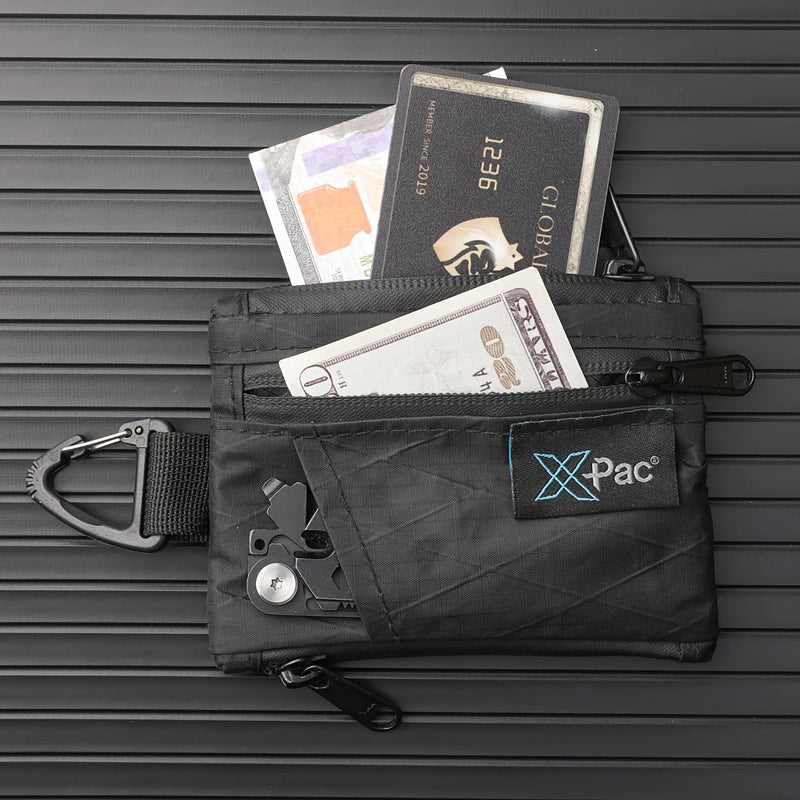 EDC 5-Pocket X-PAC Wallet - Compact Black Quilted Fabric Organizer with YKK Zipper, Keychain, Coin Pouch & Card Slots for Keys, Coins, Bills - Minimalist Men'S Wallet