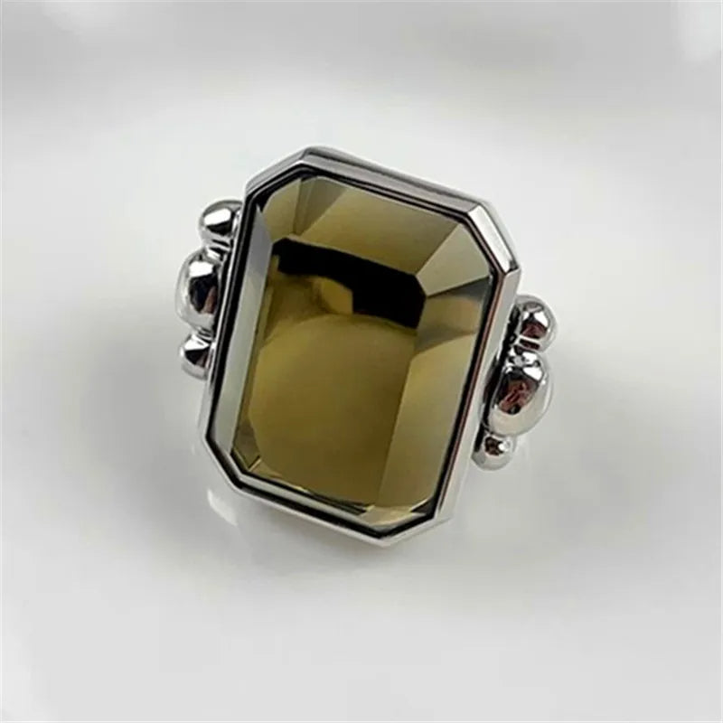 Fashion Square Natural Stone Crystal Ring - 2024 Gold-Plated Brass Jewelry for Women, Light Luxury European and American Style