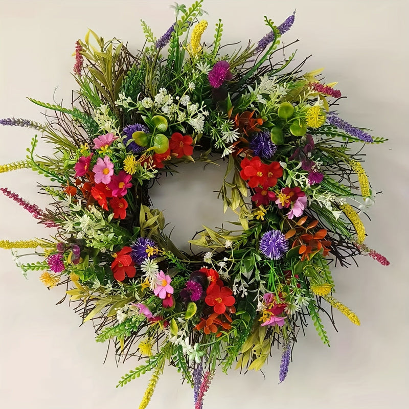 Spring & Summer Wildflower Wreath – Artificial Ranunculus Flower Front Door Decoration with Eternal Blooms and Fresh Green Botanical Accents