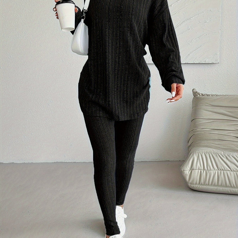 Women's Casual Ribbed Two-Piece Lounge Set – Hooded Long Sleeve Top & Fitted Pants for Relaxed Daily Wear or Travel Outfits