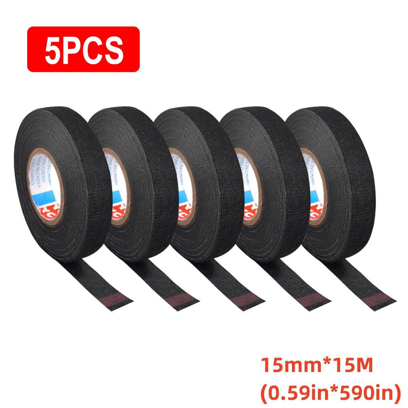 5 Rolls 15m/49.2ft Adhesive Cloth Fabric Tape, Cable Loom Wiring Harness Cloth 15mm 19mm 25mm