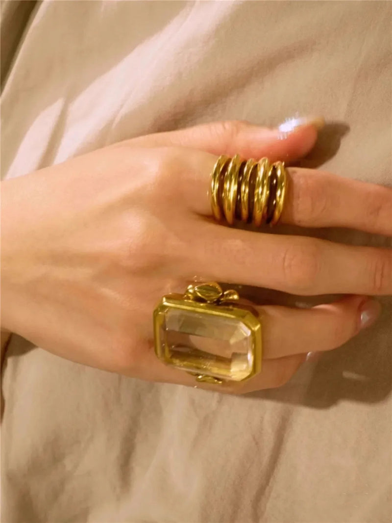 Fashion Square Natural Stone Crystal Ring - 2024 Gold-Plated Brass Jewelry for Women, Light Luxury European and American Style